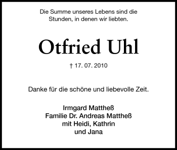 Traueranzeige von Otfried Uhl von Echo-Zeitungen (Gesamtausgabe)
