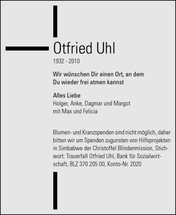Traueranzeige von Otfried Uhl von Echo-Zeitungen (Gesamtausgabe)