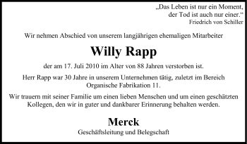 Traueranzeige von Willy Rapp von Echo-Zeitungen (Gesamtausgabe)