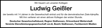 Traueranzeige von Ludwig Geißler von Echo-Zeitungen (Gesamtausgabe)