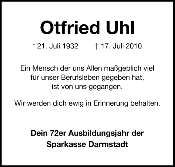 Traueranzeige von Otfried Uhl von Echo-Zeitungen (Gesamtausgabe)