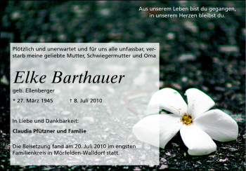 Traueranzeige von Elke Barthauer von Rüsselsheimer Echo, Groß-Gerauer-Echo, Ried Echo