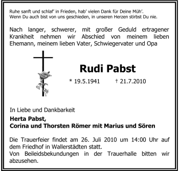 Traueranzeige von Rudi Pabst von Rüsselsheimer Echo, Groß-Gerauer-Echo, Ried Echo