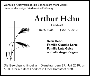 Traueranzeige von Arthur Hehn von Echo-Zeitungen (Gesamtausgabe)