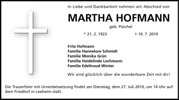 Traueranzeige von Martha Hofmann von Rüsselsheimer Echo, Groß-Gerauer-Echo, Ried Echo