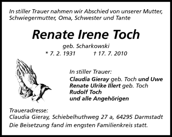Traueranzeige von Renate Irene Toch von Darmstädter Echo, Odenwälder Echo, Rüsselsheimer Echo, Groß-Gerauer-Echo, Ried Echo