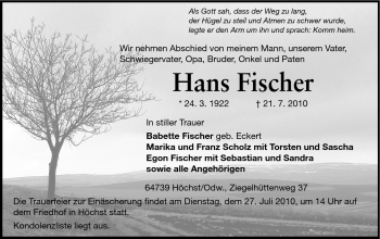 Traueranzeige von Hans Fischer von Odenwälder Echo