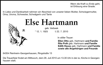 Traueranzeige von Else Hartmann von Echo-Zeitungen (Gesamtausgabe)