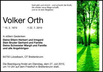 Traueranzeige von Volker Orth von Odenwälder Echo