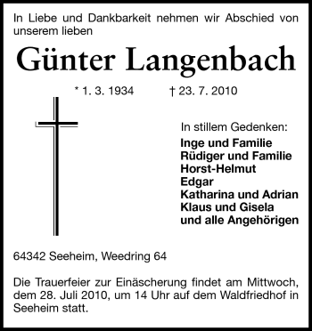 Traueranzeige von Günter Langenbach von Darmstädter Echo, Odenwälder Echo, Rüsselsheimer Echo, Groß-Gerauer-Echo, Ried Echo