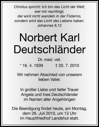 Traueranzeige von Norbert Karl Deutschländer von Echo-Zeitungen (Gesamtausgabe)