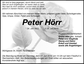 Traueranzeige von Peter Hörr von Odenwälder Echo