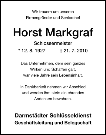 Traueranzeige von Horst Markgraf von Darmstädter Echo, Odenwälder Echo, Rüsselsheimer Echo, Groß-Gerauer-Echo, Ried Echo