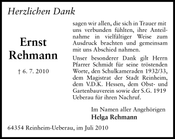 Traueranzeige von Ernst Rehmann von Darmstädter Echo, Odenwälder Echo, Rüsselsheimer Echo, Groß-Gerauer-Echo, Ried Echo