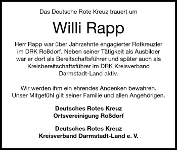 Traueranzeige von Willi Rapp von Echo-Zeitungen (Gesamtausgabe)