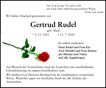 Traueranzeige von Gertrud Rudel von Rüsselsheimer Echo, Groß-Gerauer-Echo, Ried Echo