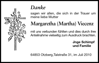 Traueranzeige von Margaretha Viecenz von Echo-Zeitungen (Gesamtausgabe)