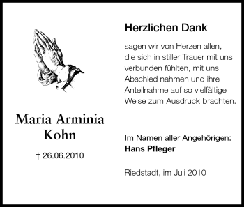 Traueranzeige von Maria Arminia Kohn von Rüsselsheimer Echo, Groß-Gerauer-Echo, Ried Echo