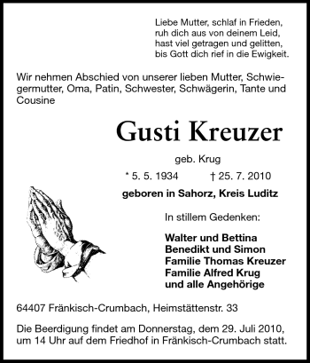 Traueranzeige von Gusti Kreuzer von Echo-Zeitungen (Gesamtausgabe)