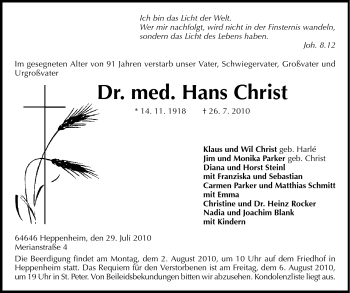 Traueranzeige von Hans Christ von Starkenburger Echo, Bergsträßer Anzeiger