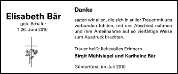 Traueranzeige von Elisabeth Bär von Odenwälder Echo