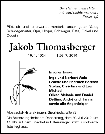 Traueranzeige von Jakob Thomasberger von Odenwälder Echo