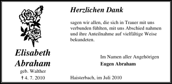 Traueranzeige von Elisabeth Abraham von Odenwälder Echo