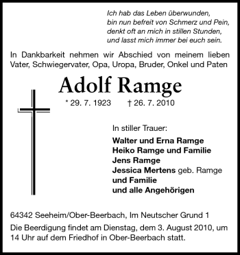 Traueranzeige von Adolf Ramge von Echo-Zeitungen (Gesamtausgabe)