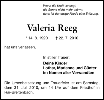 Traueranzeige von Valeria Reeg von Odenwälder Echo