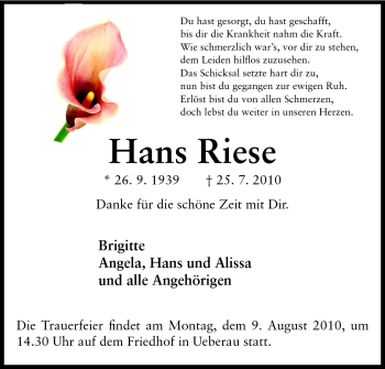 Traueranzeige von Hans Riese von Darmstädter Echo, Odenwälder Echo, Rüsselsheimer Echo, Groß-Gerauer-Echo, Ried Echo