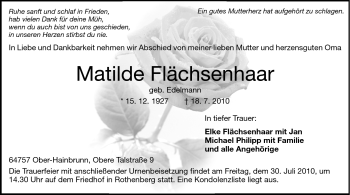 Traueranzeige von Matilde Flächsenhaar von Odenwälder Echo
