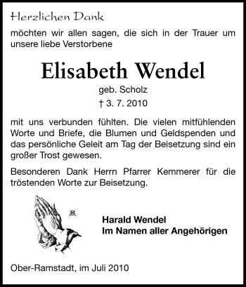 Traueranzeige von Elisabeth Wendel von Darmstädter Echo, Odenwälder Echo, Rüsselsheimer Echo, Groß-Gerauer-Echo, Ried Echo