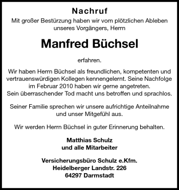 Traueranzeige von Manfred Büchsel von Echo-Zeitungen (Gesamtausgabe)