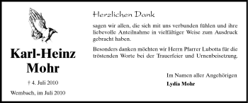 Traueranzeige von Karl-Heinz Mohr von Darmstädter Echo, Odenwälder Echo, Rüsselsheimer Echo, Groß-Gerauer-Echo, Ried Echo