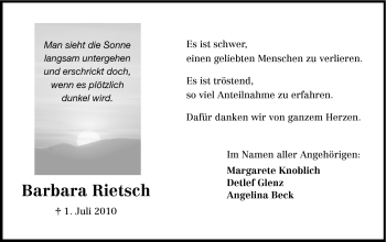 Traueranzeige von Barbara Rietsch von Echo-Zeitungen (Gesamtausgabe)