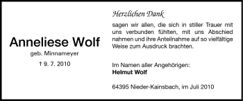 Traueranzeige von Anneliese Wolf von Odenwälder Echo