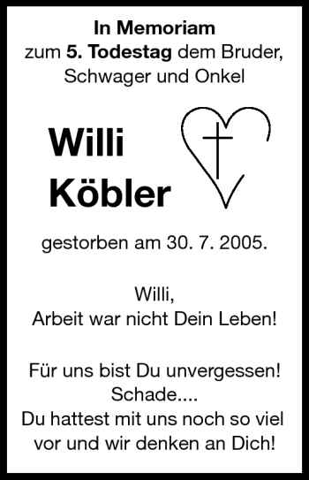 Traueranzeige von Willi Köbler von Odenwälder Echo