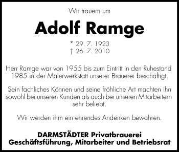 Traueranzeige von Adolf Ramge von Echo-Zeitungen (Gesamtausgabe)