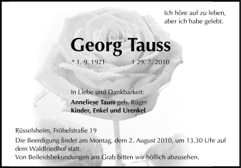 Traueranzeige von Georg Tauss von Rüsselsheimer Echo, Groß-Gerauer-Echo, Ried Echo