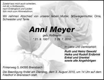 Traueranzeige von Anni Meyer von Odenwälder Echo