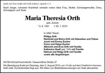 Traueranzeige von Maria Orth von Odenwälder Echo