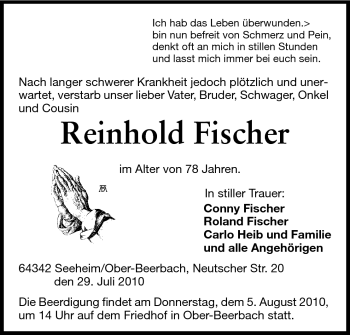 Traueranzeige von Reinhold Fischer von Echo-Zeitungen (Gesamtausgabe)