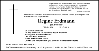 Traueranzeige von Regine Erdmann von Darmstädter Echo, Odenwälder Echo, Rüsselsheimer Echo, Groß-Gerauer-Echo, Ried Echo