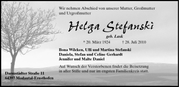 Traueranzeige von Helga Stefanski von Echo-Zeitungen (Gesamtausgabe)