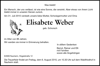 Traueranzeige von Elisabete Weber von Rüsselsheimer Echo, Groß-Gerauer-Echo, Ried Echo