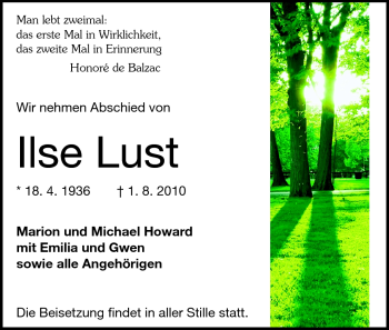 Traueranzeige von Ilse Lust von Odenwälder Echo