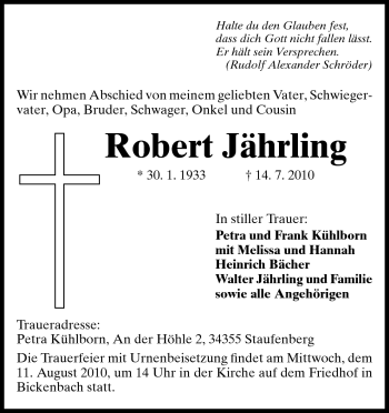 Traueranzeige von Robert Jährling von Echo-Zeitungen (Gesamtausgabe)
