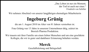 Traueranzeige von Ingeborg Grünig von Echo-Zeitungen (Gesamtausgabe)