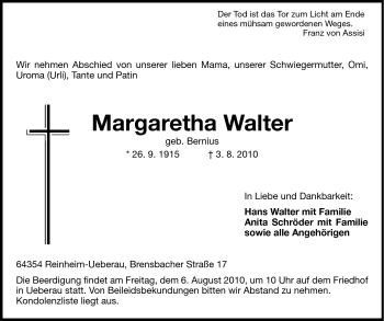 Traueranzeige von Margaretha Walter von Echo-Zeitungen (Gesamtausgabe)