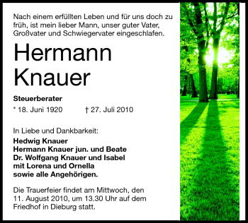Traueranzeige von Hermann Knauer von Echo-Zeitungen (Gesamtausgabe)